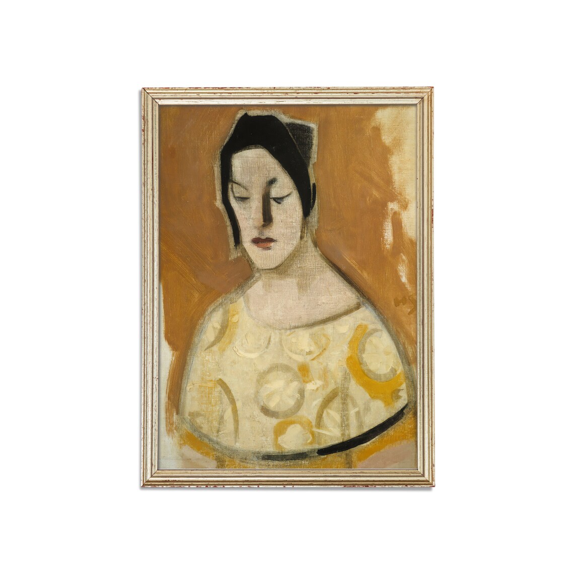 Woman in a Yellow Patterned Dress with Golden Background Modigliani Poster - Image 3