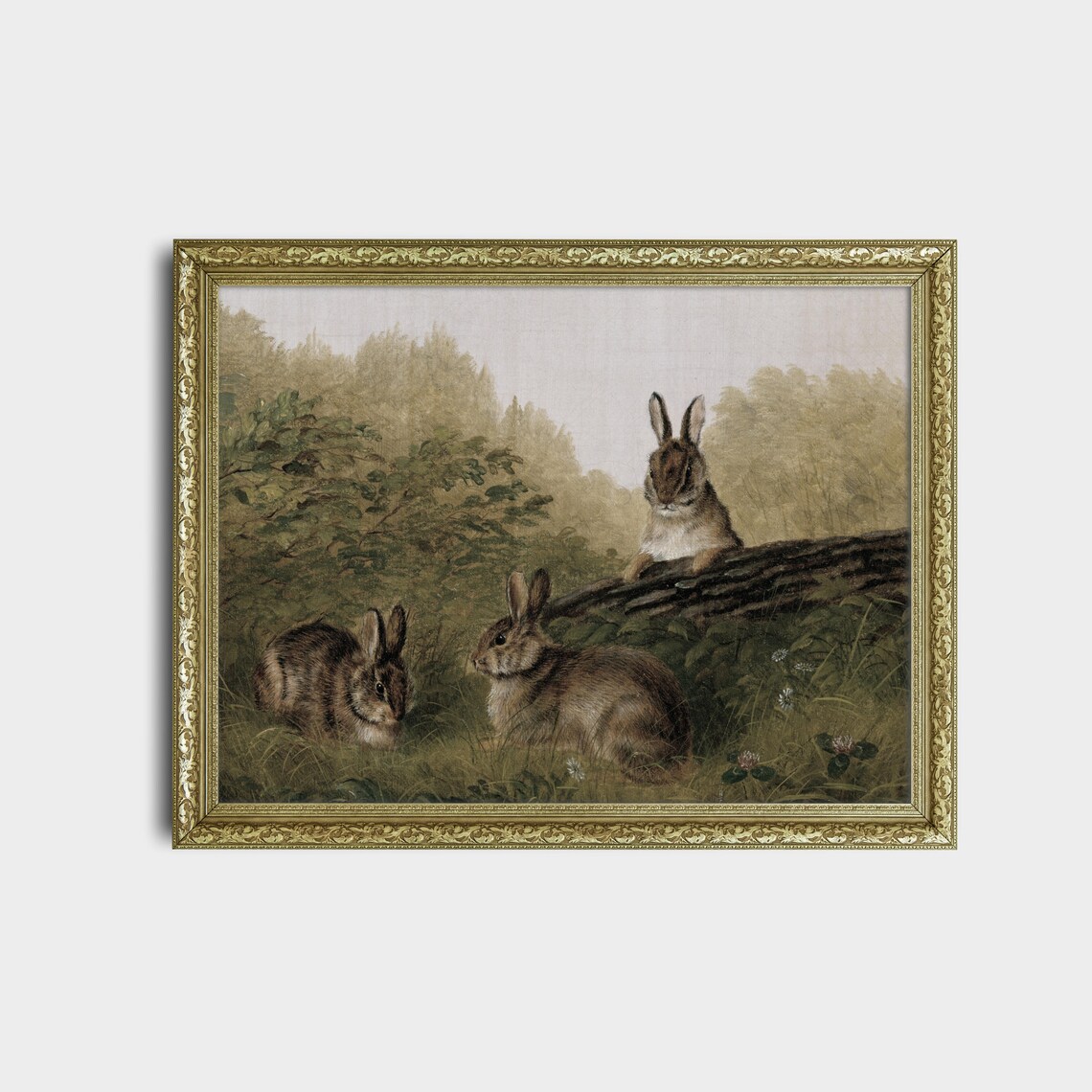 Three Rabbits In Woodland Meadow Antique Animal Painting Poster - Image 2