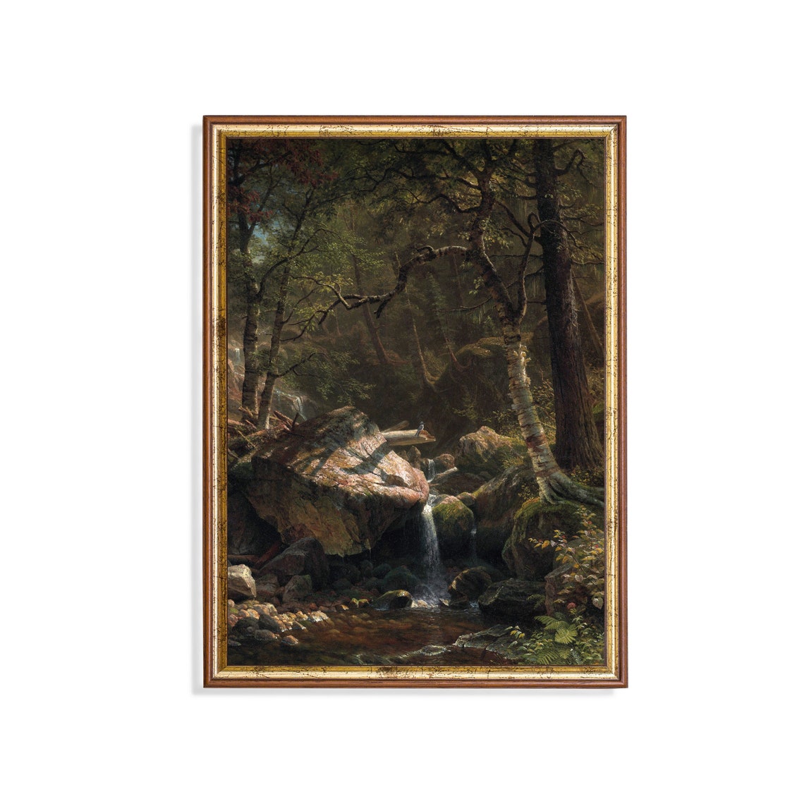 Antique Forest Brook Waterfall Over Mossy Boulders Vintage Poster