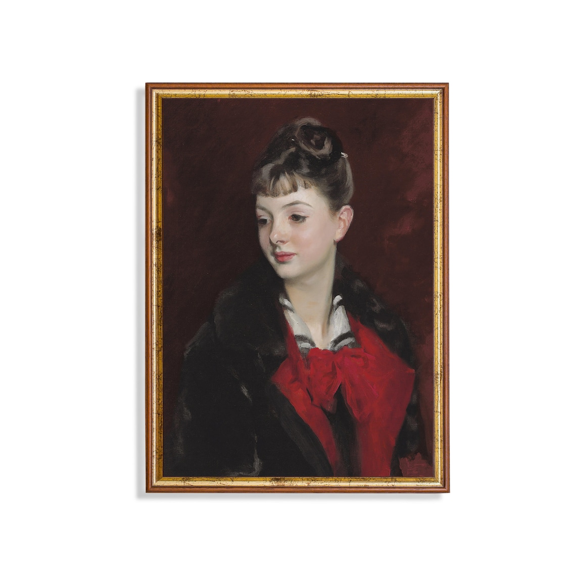 Vintage Woman Portrait in Red Bow Antique 19th Century Wall Art