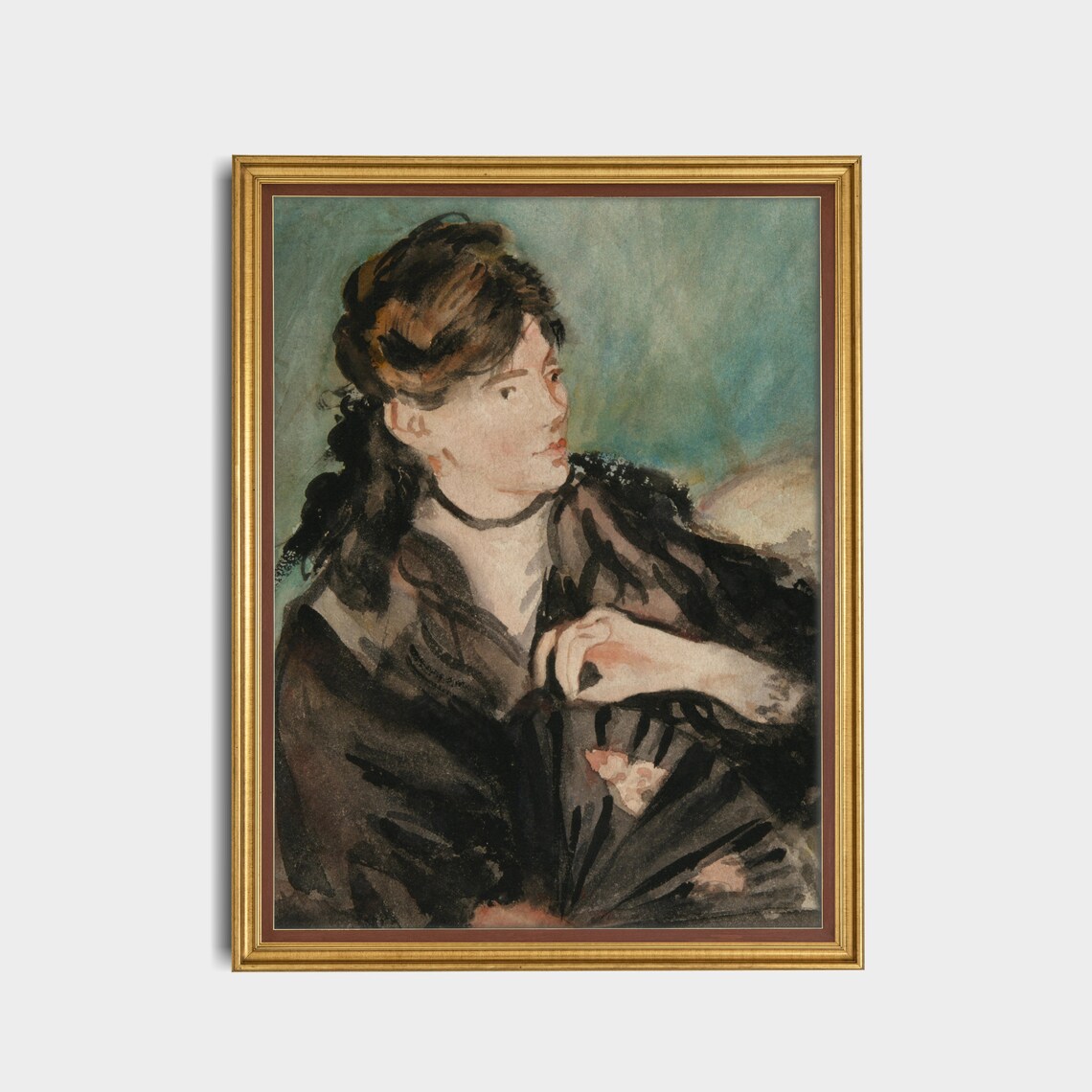 Young Woman Holding a Fan Antique Watercolor Portrait Poster - Image 5