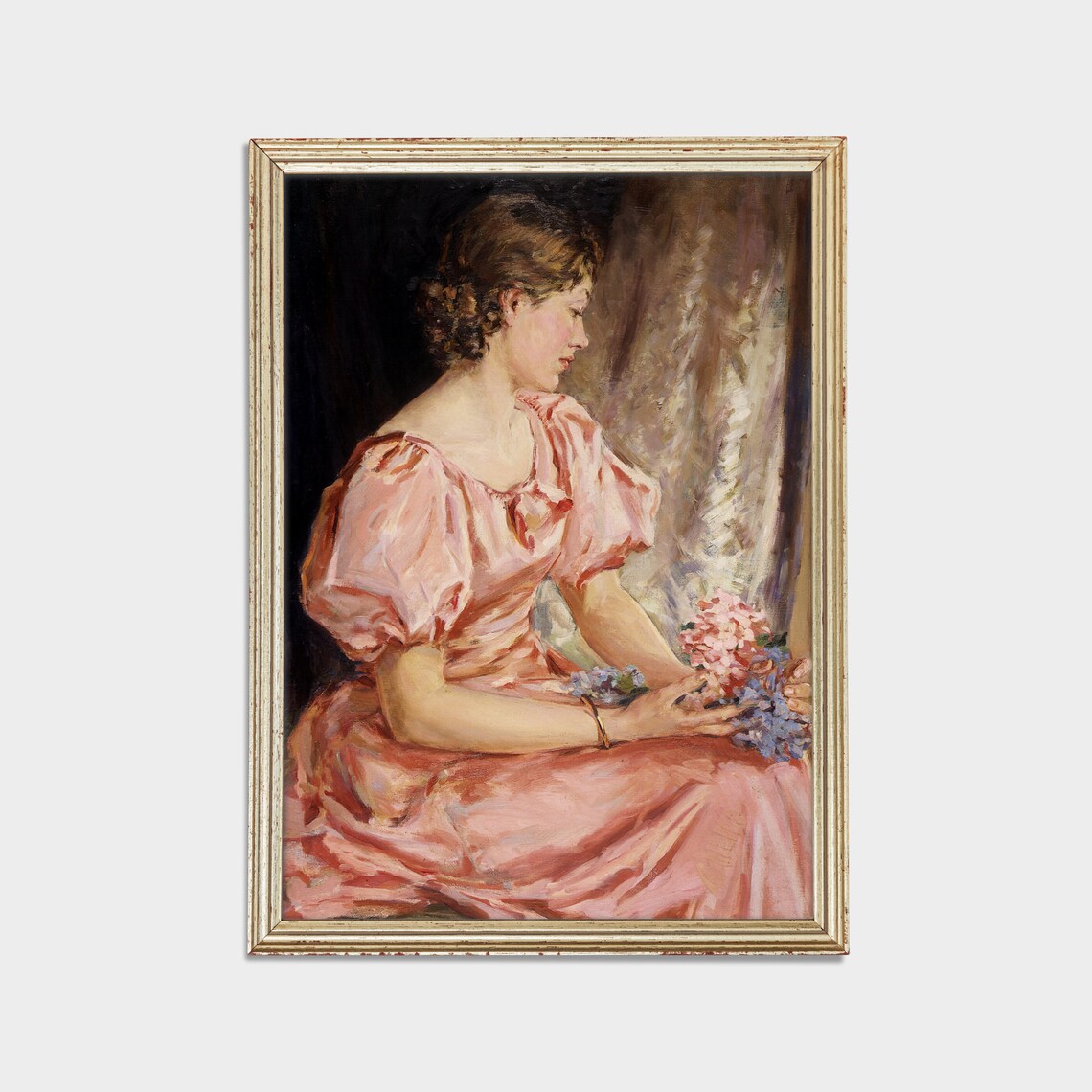 Young Woman in a Flowing Pink Dress Holding Flowers Portrait Poster - Image 2
