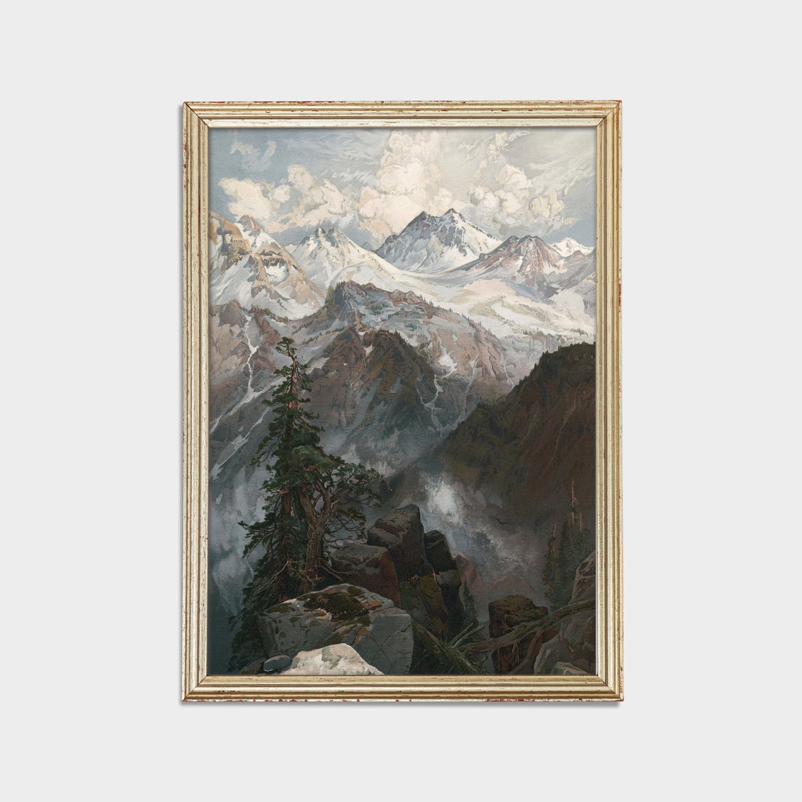 Snowy Mountain Peaks Painting Alpine Vista Vintage Landscape Wall Art - Image 2
