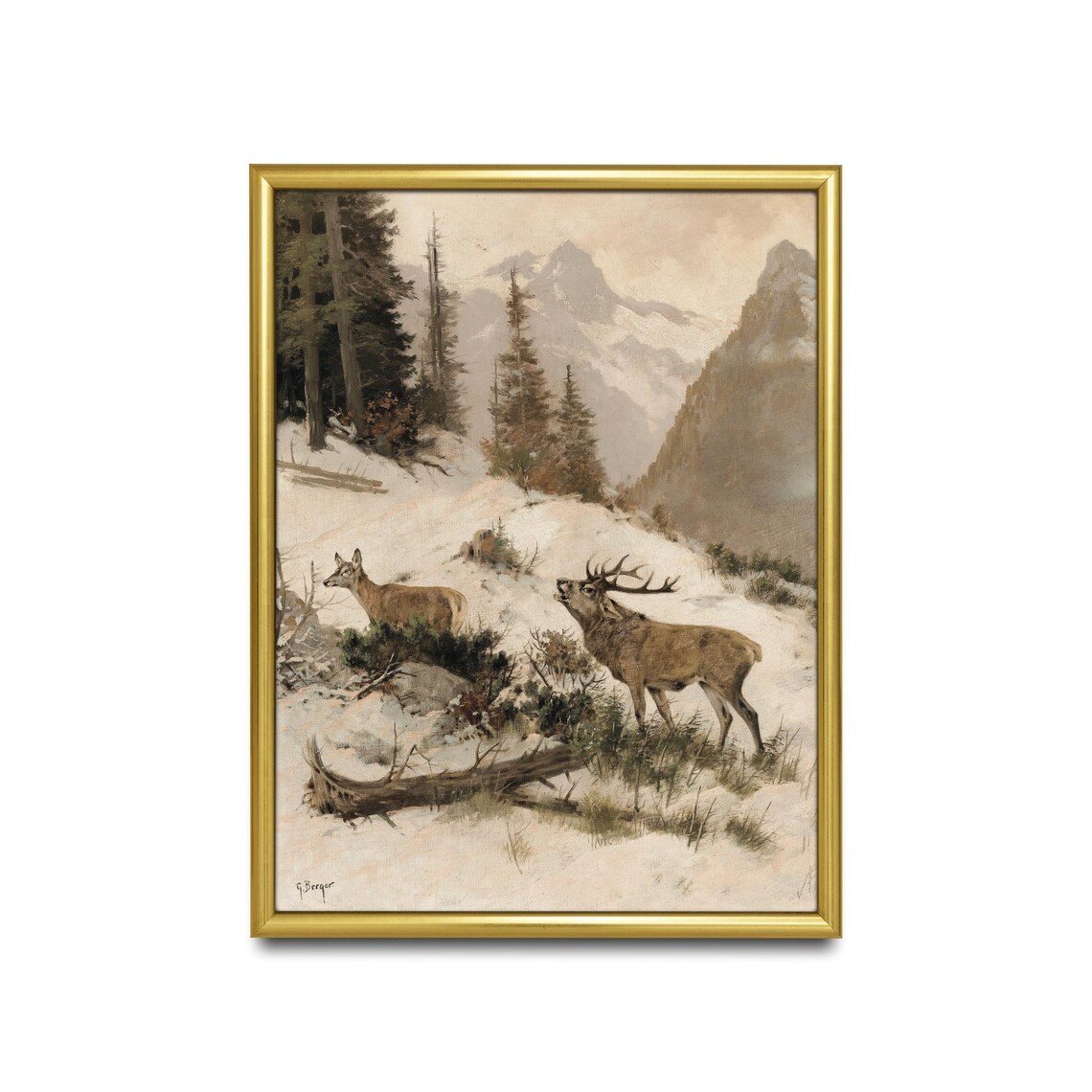 Vintage Deer Winter Landscape Art Print, Cabin Decor - Image 2