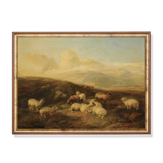 Print And Ship Vintage Sheep Painting Antique Country Landscape Rustic Moody Animal Print Sheep In A Landscape Mailed Print