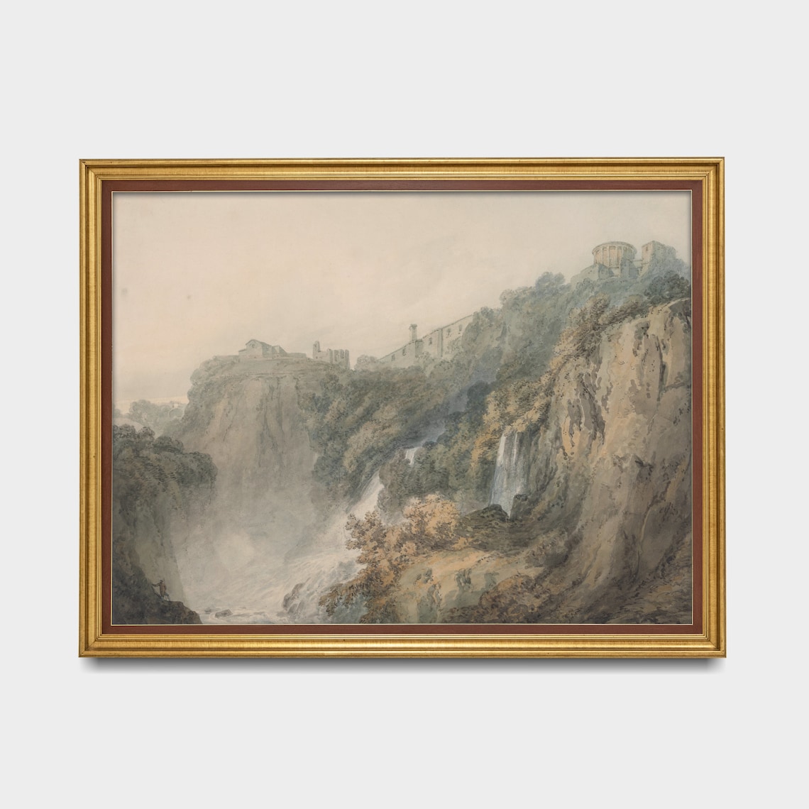 Clifftop Ruins Above Waterfalls in Rocky Gorge Watercolor Poster - Image 5