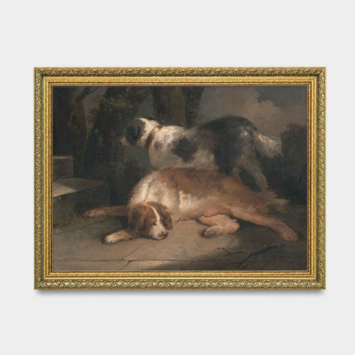 Two Resting Dogs Antique Oil Painting Vintage Canine Art Poster - Image 3