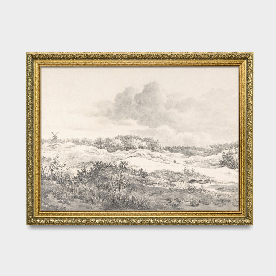 Dune Landscape with Windmill Pencil Sketch Antique Drawing Art Poster - Image 3