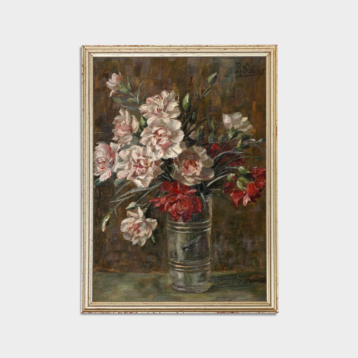 White and Red Carnations in a Glass Vase Vintage Floral Art Print - Image 2