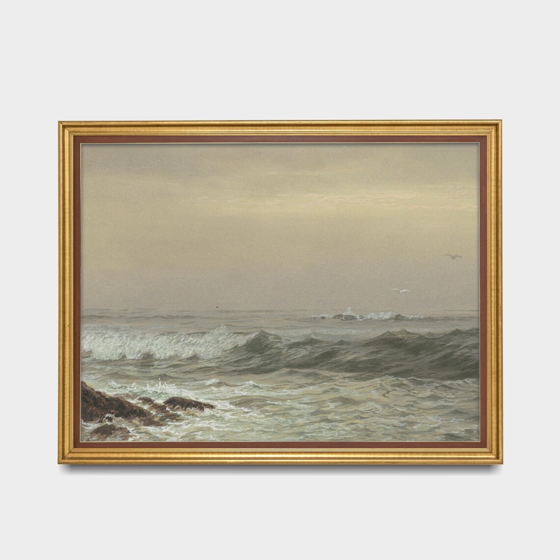 Ocean Waves on Rocks Overcast Vintage Seascape Oil Painting Poster - Image 3