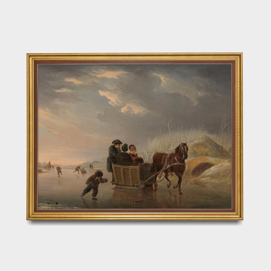 Horse-Drawn Sleigh on a Frozen Canal at Dusk Winter Painting Poster - Image 3