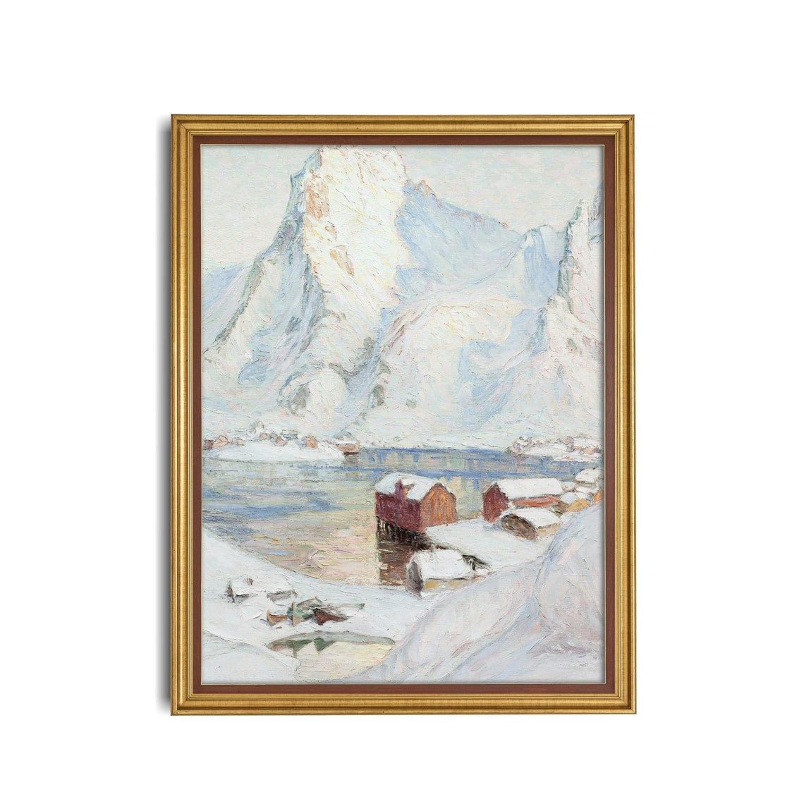 Snowy Mountain Village with Red Cabins by Water Vintage Winter Poster - Image 3