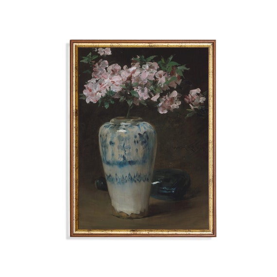 Vintage Still Life With Flowers Antique Floral Painting Pink Azalea Moody Rustic Fine Print Wall Art