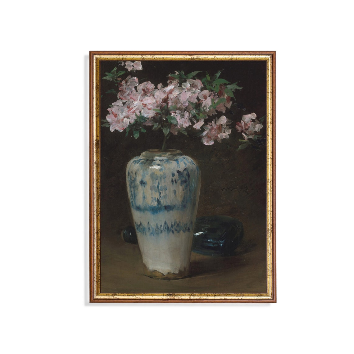Pink Azalea Blossoms In Blue And White Porcelain Vase Floral Poster