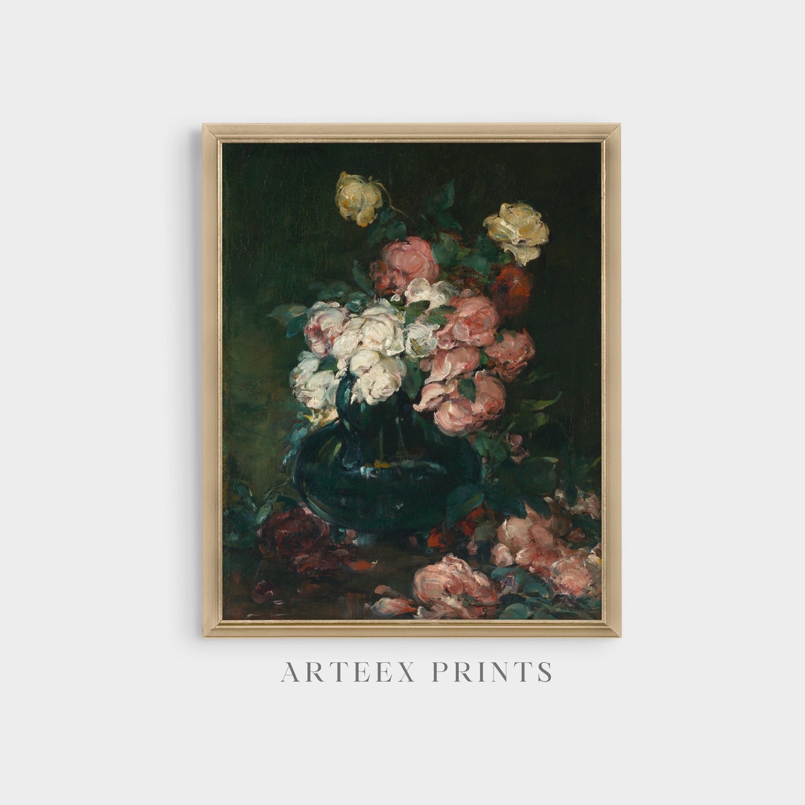 Moody Pink and White Roses in a Dark Vase Still Life Oil Poster - Image 4