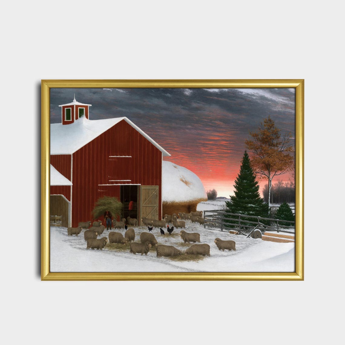 Red Barn Sheep and Chickens Snowy Winter Barnyard Folk Art Poster - Image 2