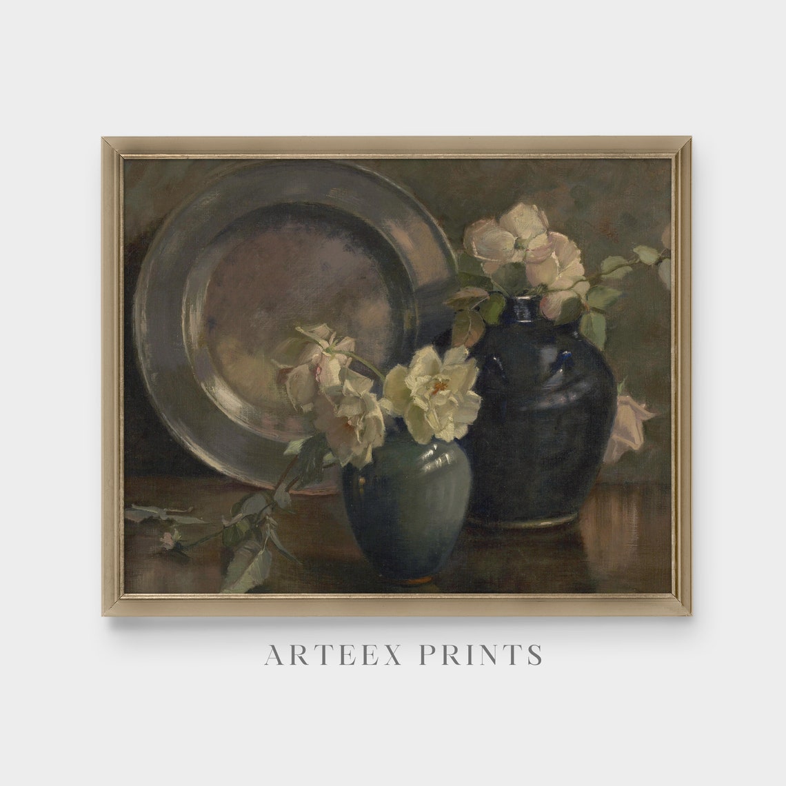 White Roses in Dark Vases with Pewter Plate Still Life Poster - Image 4