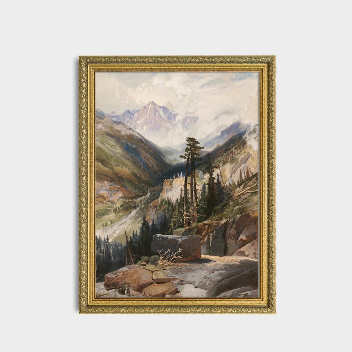 Snowcapped Mountain Valley Vista With Towering Pines Antique Poster - Image 3