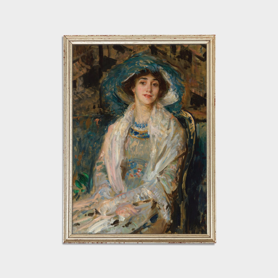 Young Woman in Feathered Blue Hat Impressionist Portrait Poster - Image 3