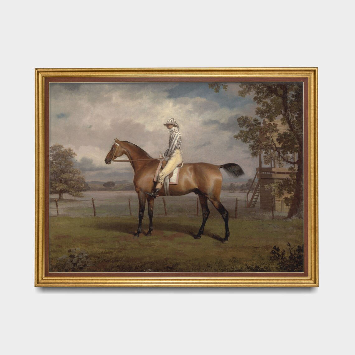 Victorian Jockey in Striped Silks on Bay Racehorse Equestrian Poster - Image 2
