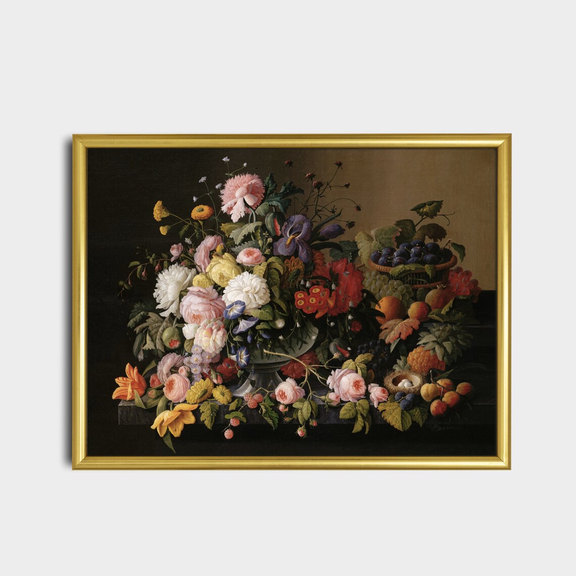 Grand Flower Urn with Fruit and Bird Nest Antique Still Life Poster - Image 2