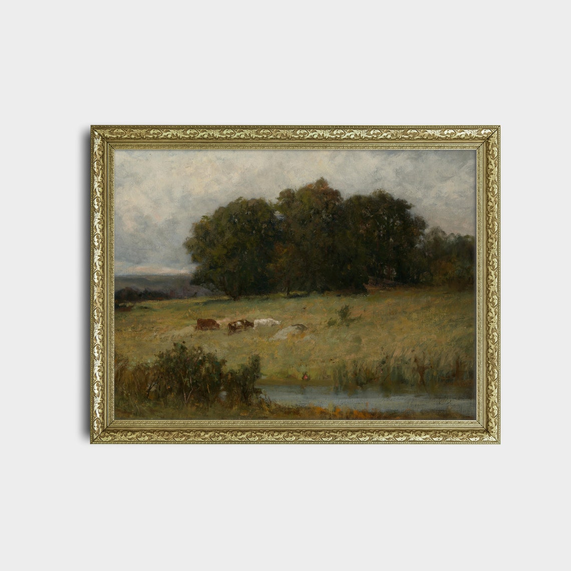 Cows Grazing by a Stream in a Moody Pasture Antique Oil Poster - Image 2
