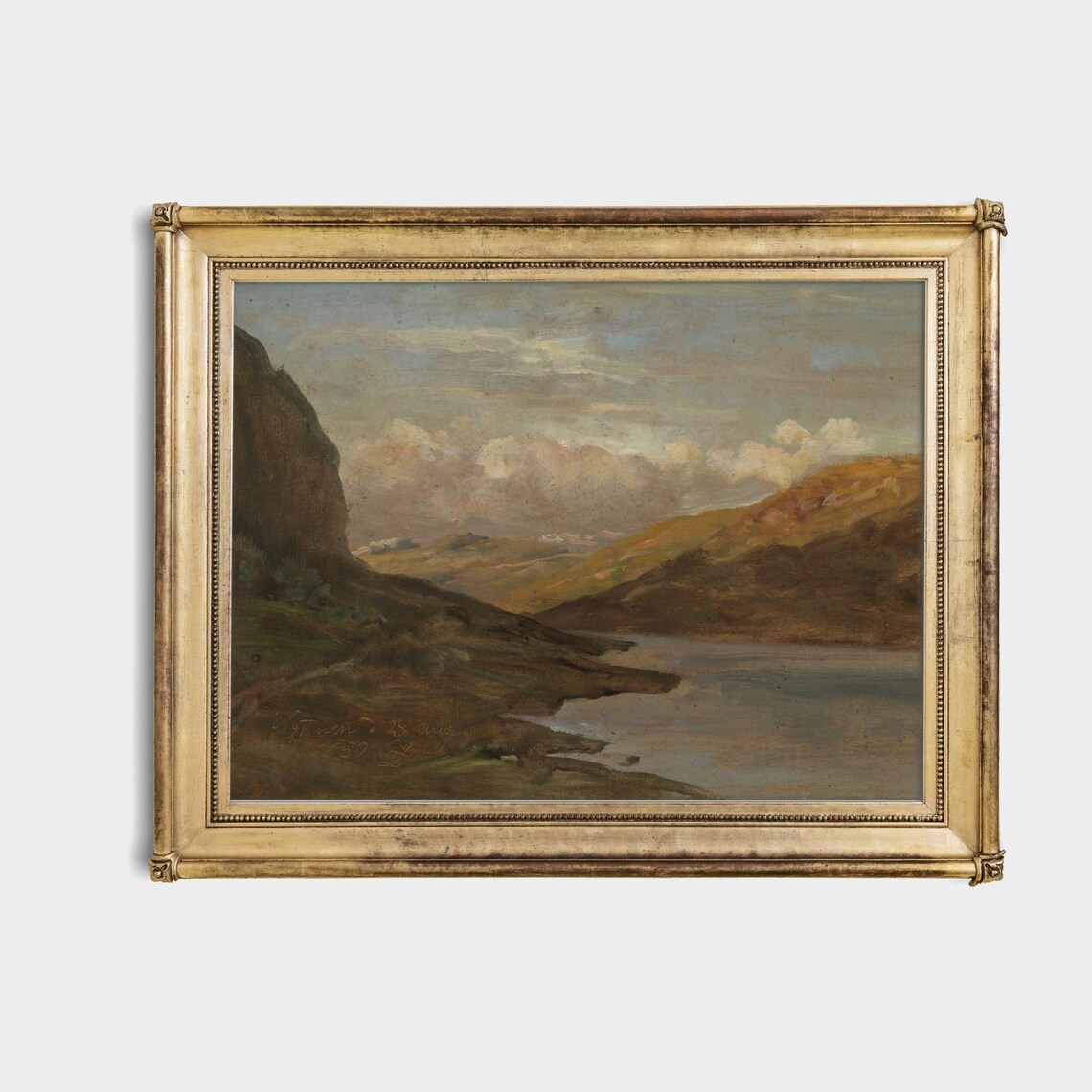 Antique Highland Lake And Hills Riverscape Painting Wall Poster - Image 4