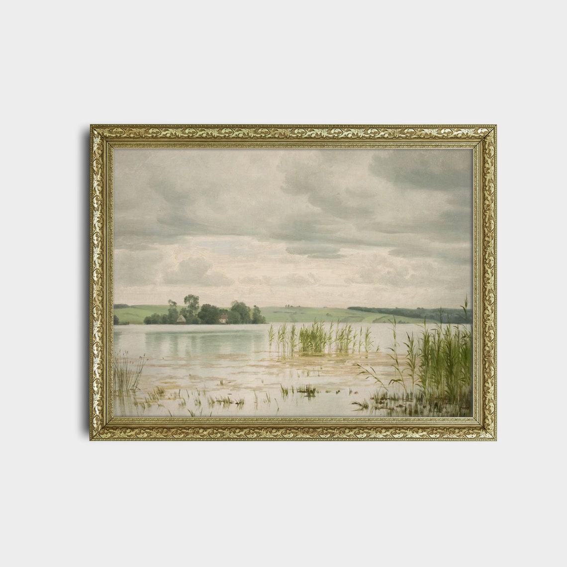 Calm Lake with Reeds Reflected Under a Cloudy Sky Landscape Oil Print - Image 2