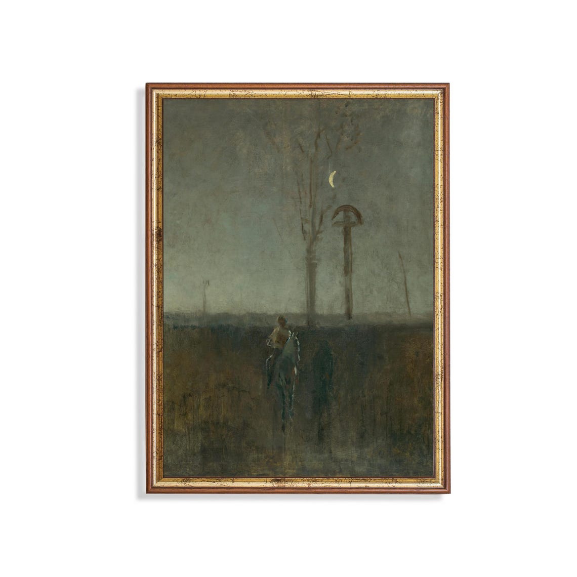 Moonlit Night Rider on Horseback Dark Tonal Landscape Poster
