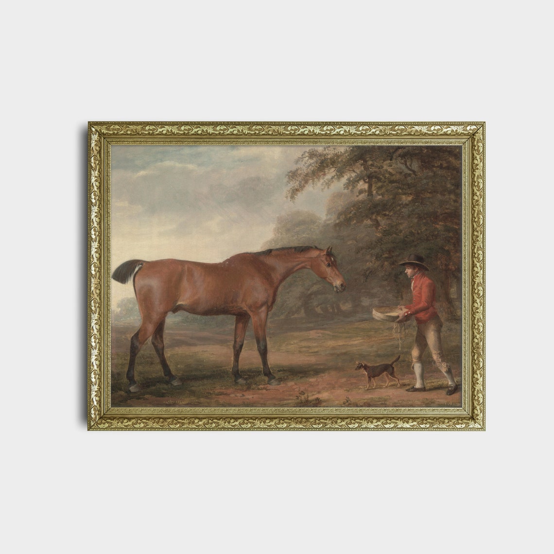Bay Horse Fed by a Groom in Red Coat Vintage Equestrian Poster - Image 3
