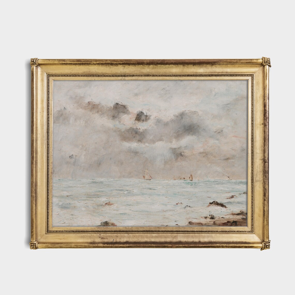 Muted Vintage Seascape Painting With Sailboats Coastal Art Poster - Image 3