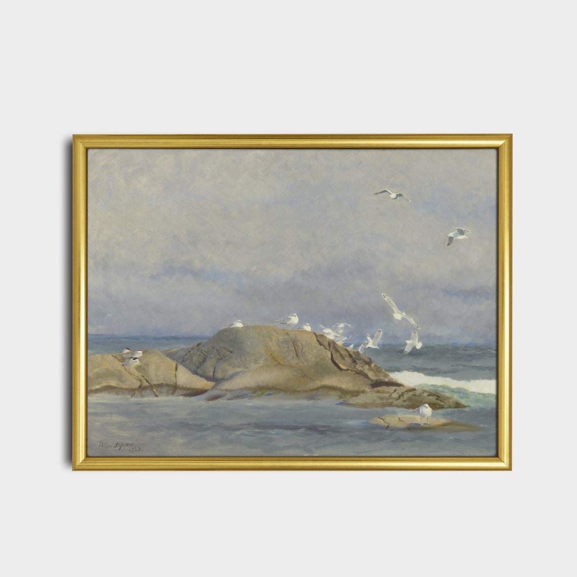 Seagulls Soaring Over a Rocky Island in a Grey Sea Sky Poster - Image 2