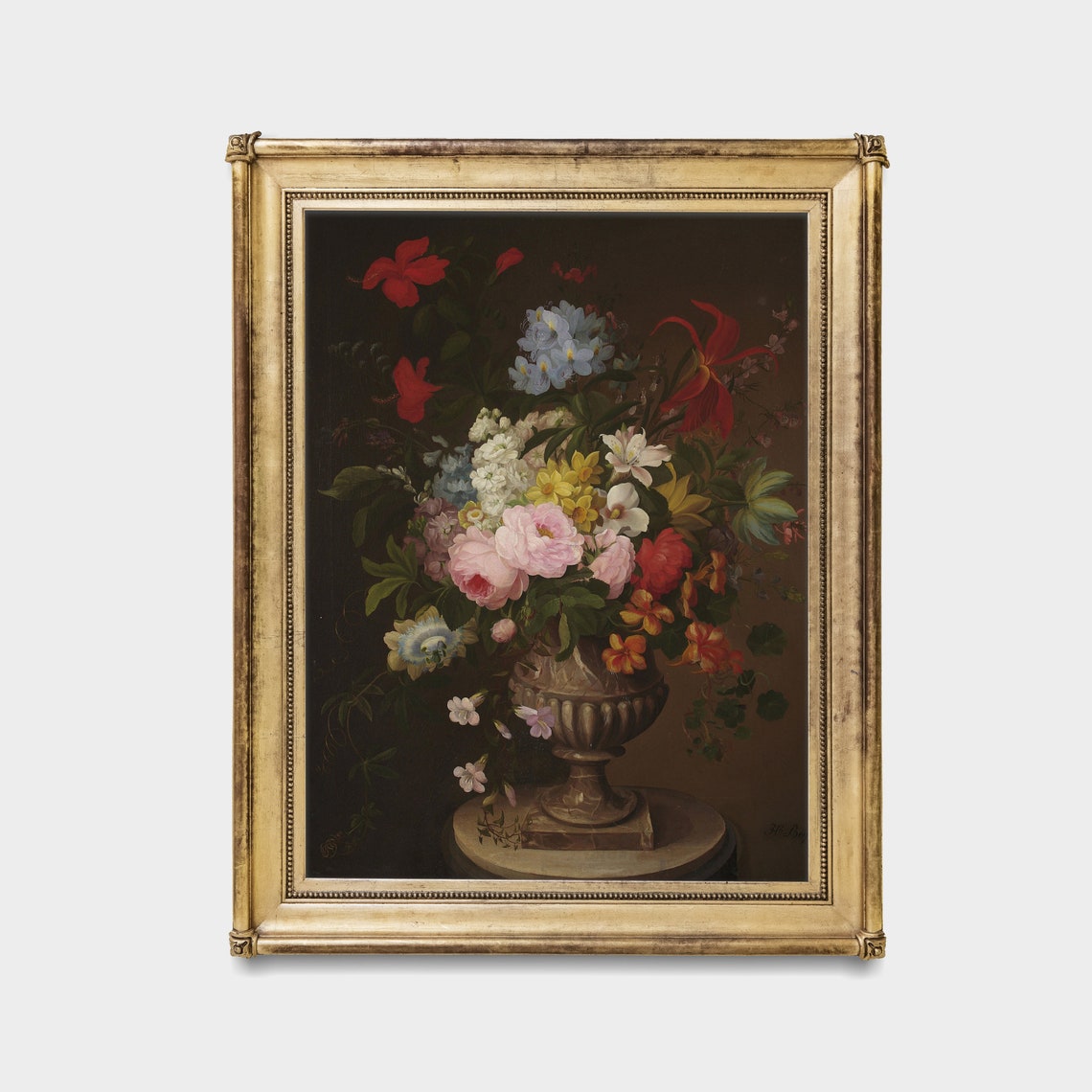 Vibrant Mixed Bouquet in a Stone Urn Antique Floral Art Poster - Image 4