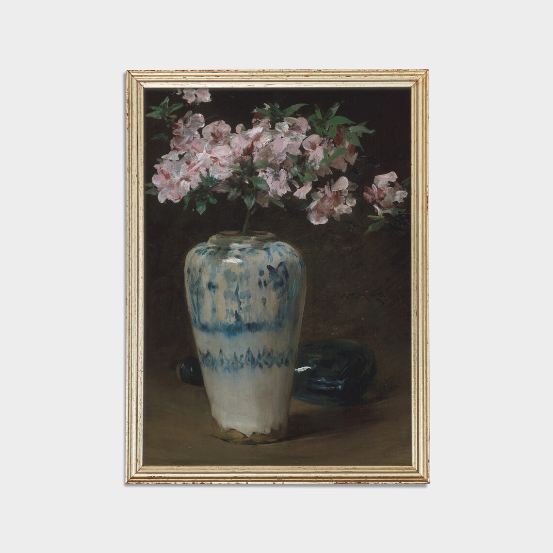 Pink Azalea Blossoms In Blue And White Porcelain Vase Floral Poster - Image 2