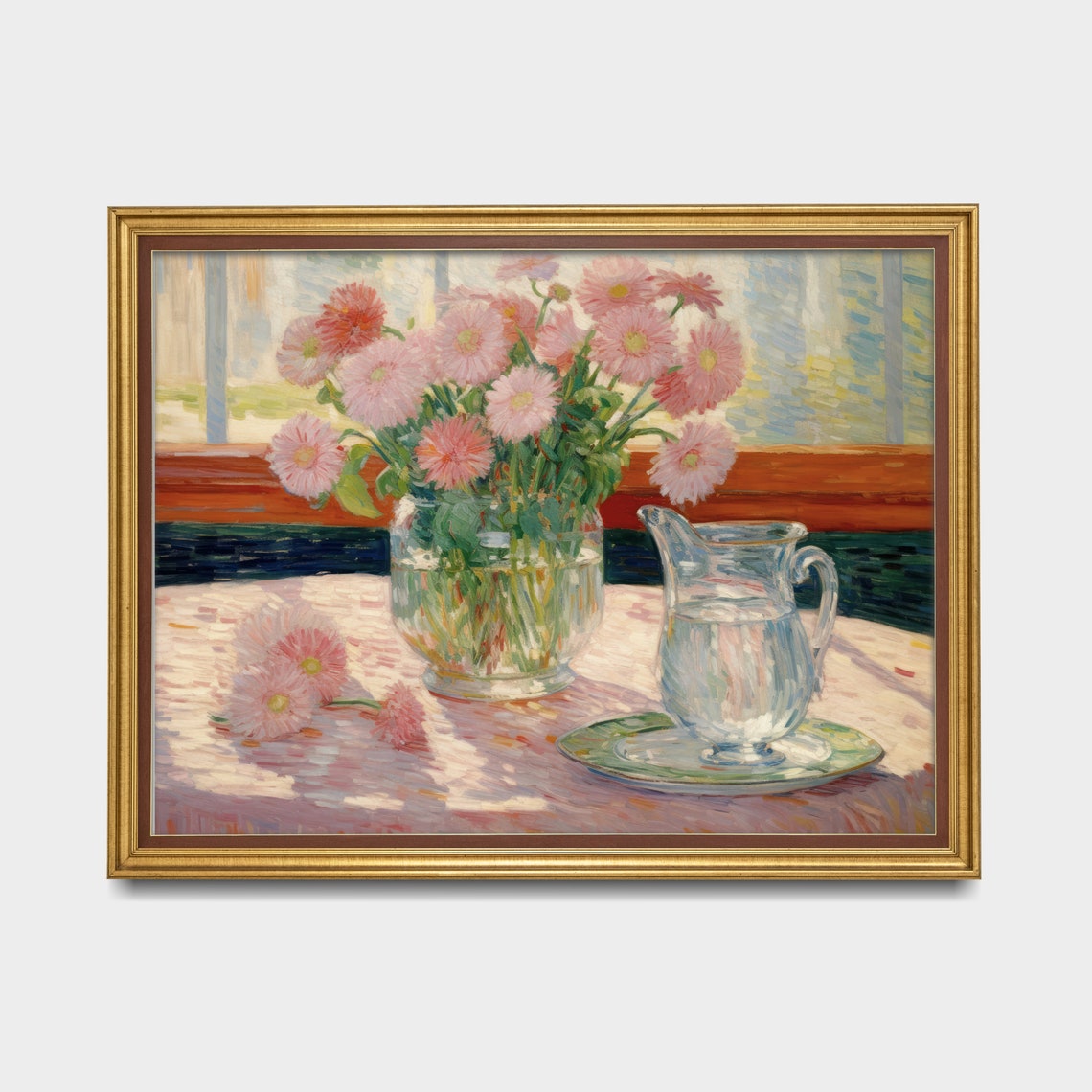 Pink Daisies In A Glass Vase Sunlit Kitchen Table Still Life Poster - Image 5