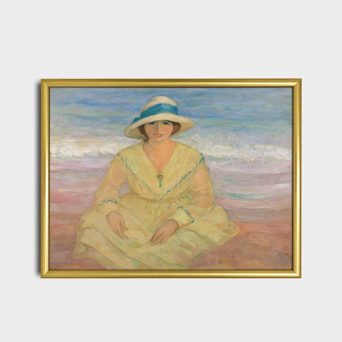 Woman White Sunhat Yellow Dress Sitting Beach Impressionist Art Poster - Image 2