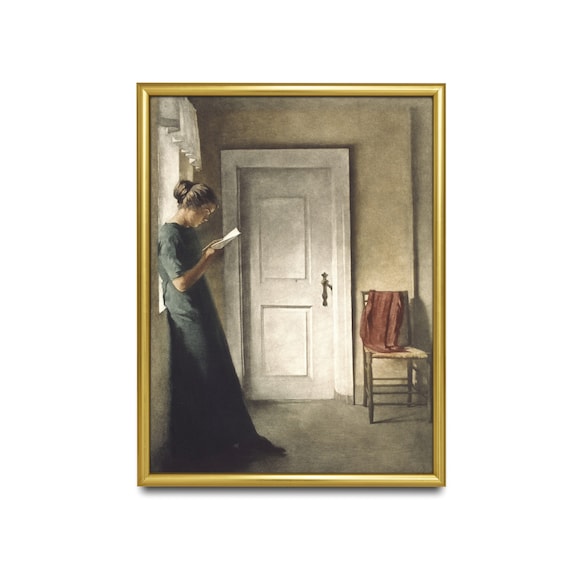 Woman Reading a Letter by the Door in a Quiet Interior Vintage Poster