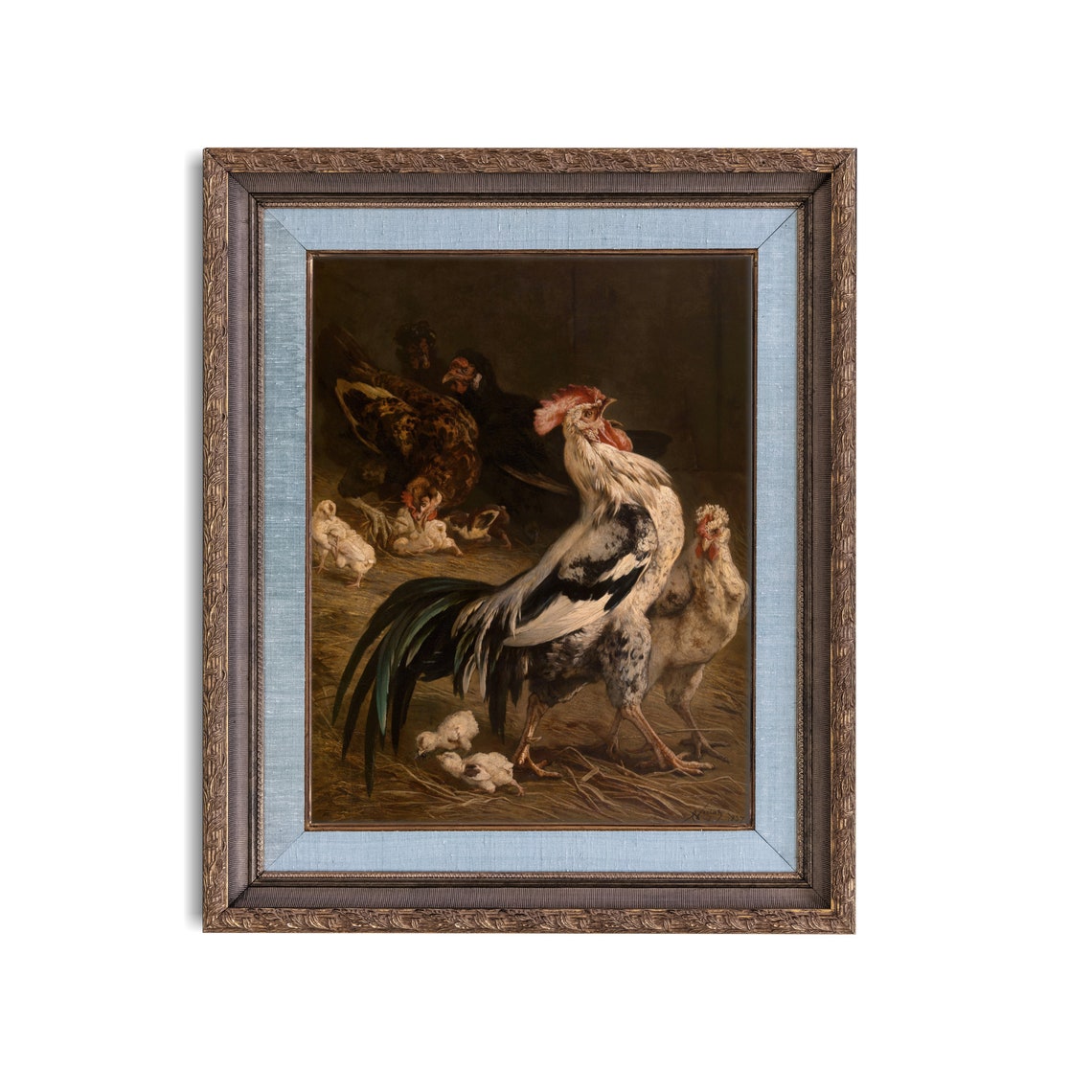 Antique Rooster Hens Chicks Barn Farmyard Vintage Oil Painting Poster - Image 2