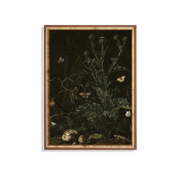 Printed And Shipped Vintage Wall Art Animals Plants Painting Antique Art Print Moody Rustic Dark Academia Thistles And Butterflies