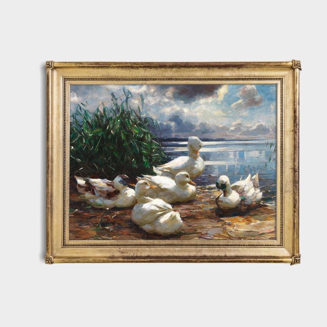 A Flock of White Ducks at the Water's Edge Vintage Bird Poster - Image 4