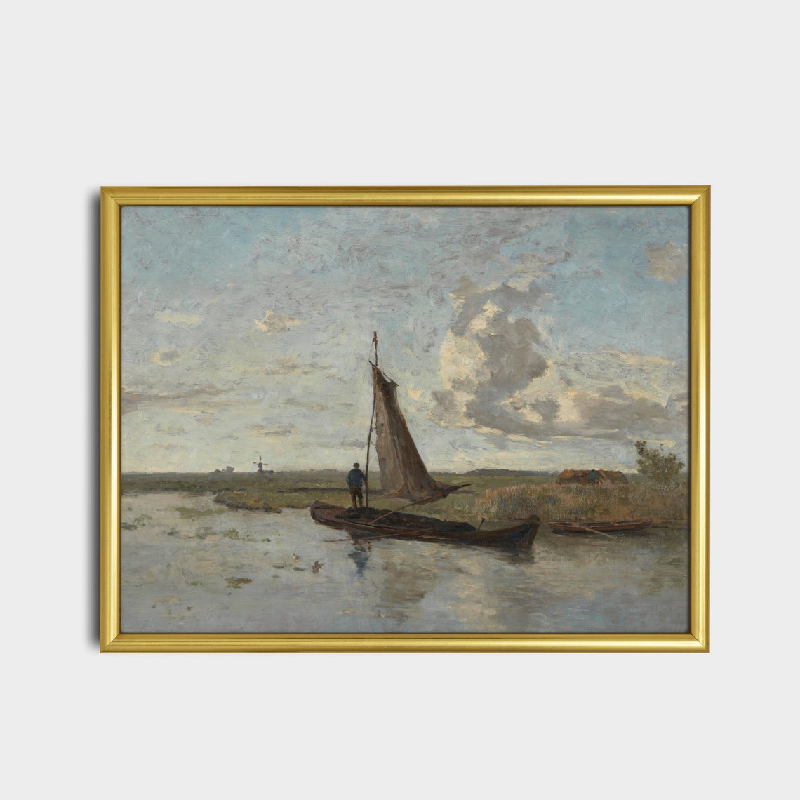 Sailing Boat Drifting on a Calm River with a Distant Windmill Poster - Image 5