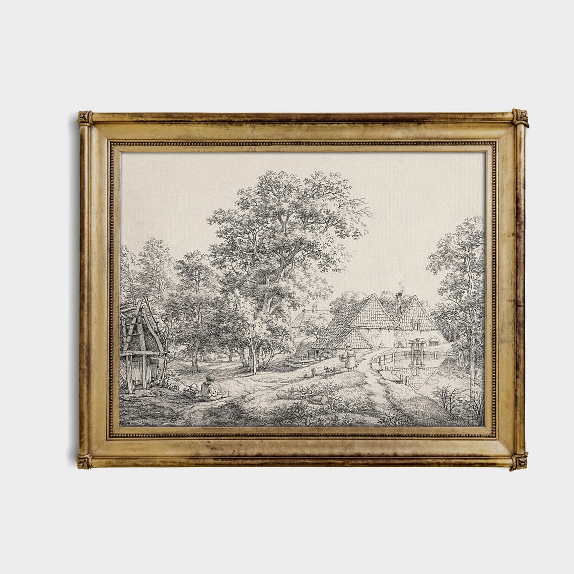Country Village Sketch with Cottages Antique Etching Artwork Poster - Image 4
