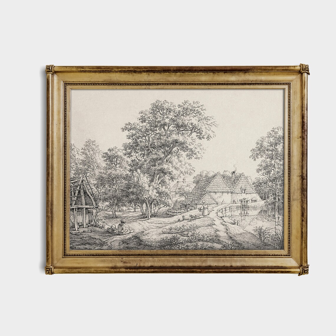Dutch Farmhouses With Grand Oak Tree Antique Pen Etching Poster - Image 2