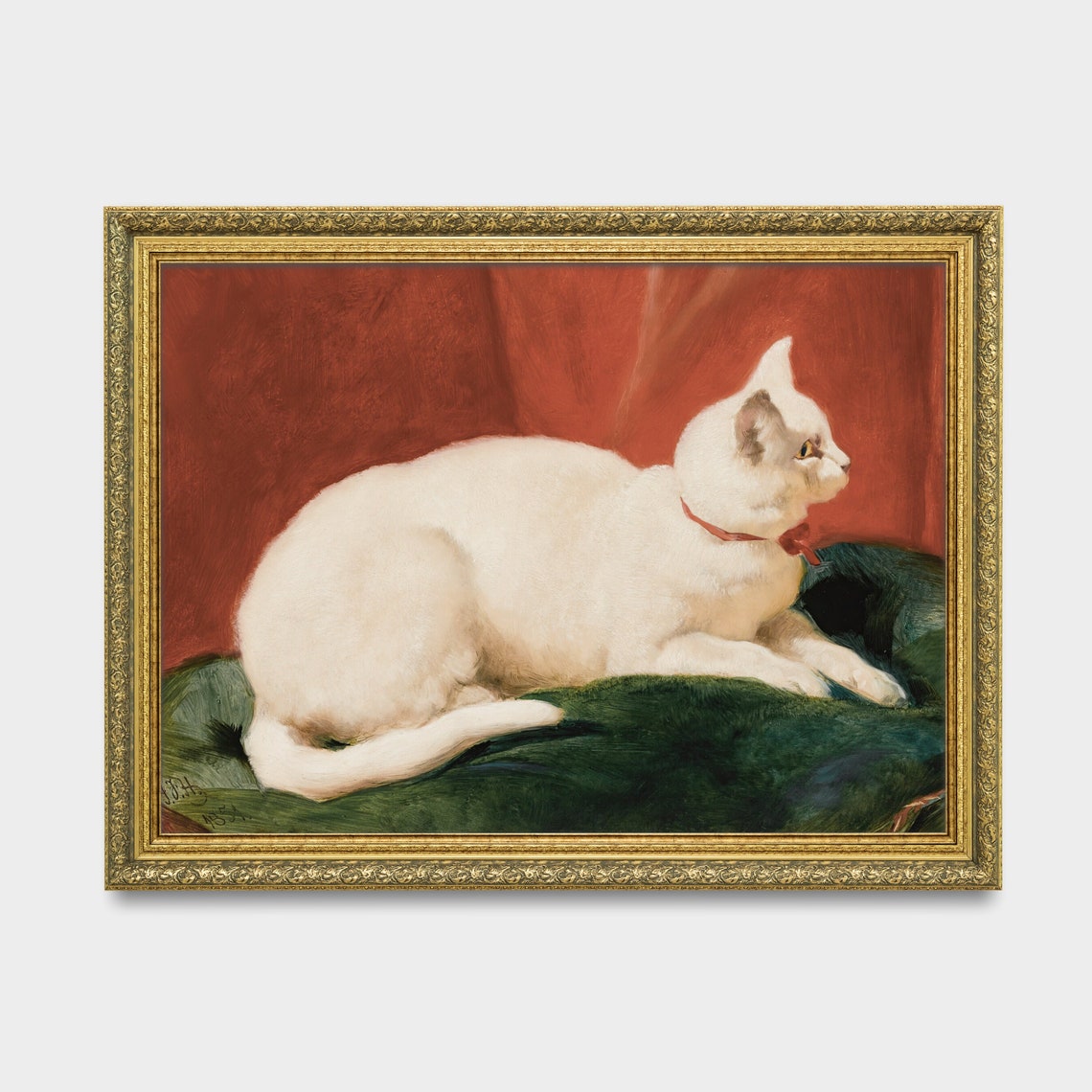 White Cat With Red Collar on Green Velvet Vintage Cat Poster - Image 3