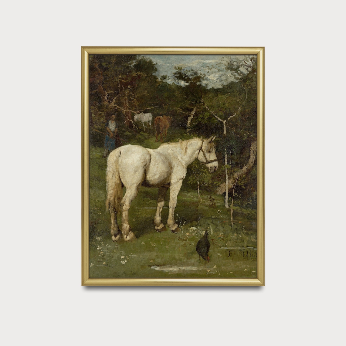 White Horse in a Shady Woodland Meadow Vintage Painting Poster - Image 3