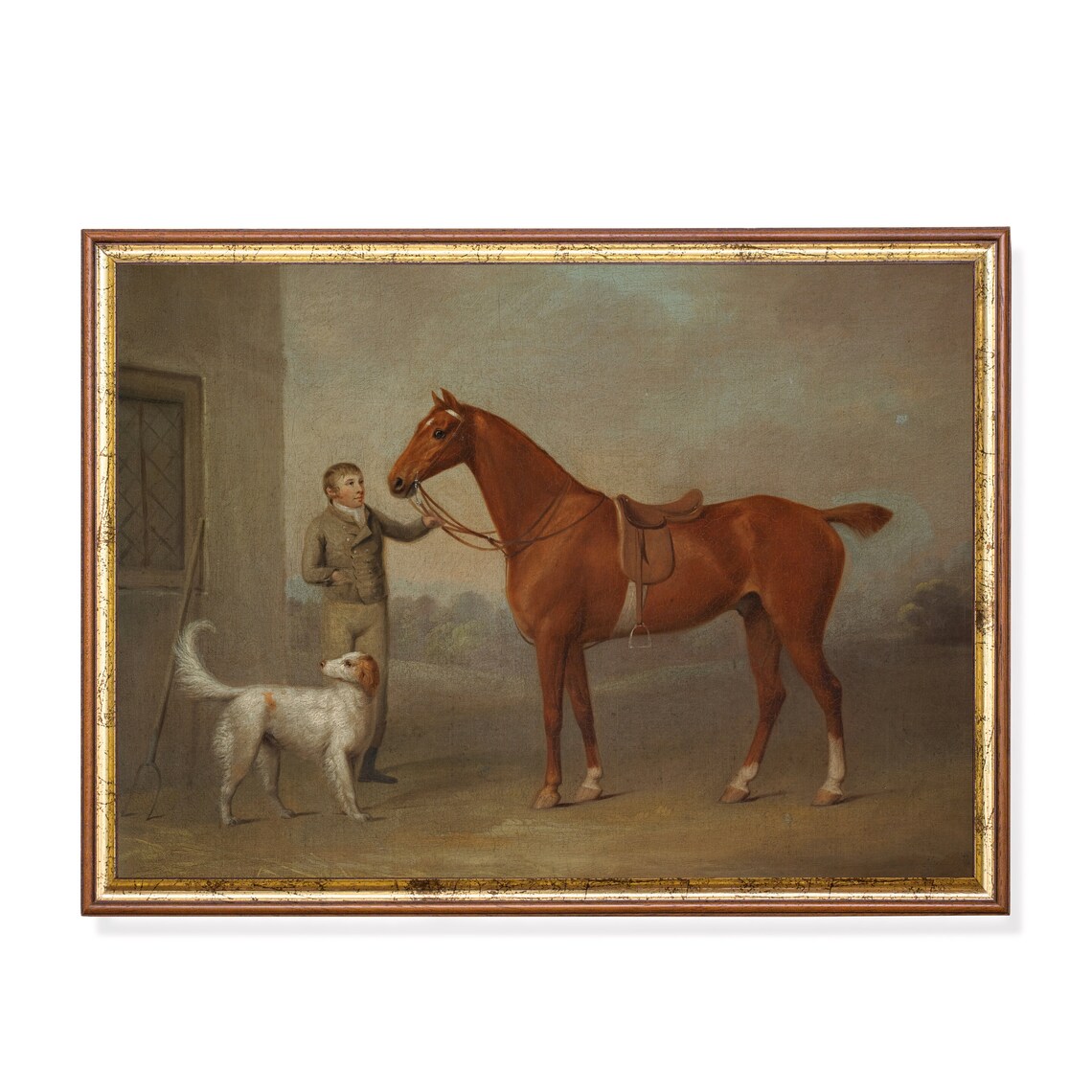 Stable Lad with Chestnut Horse and Setter Dog Vintage Poster