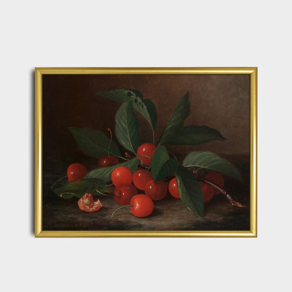Ripe Cherries on a Branch with Green Leaves Vintage Still Life Poster - Image 2