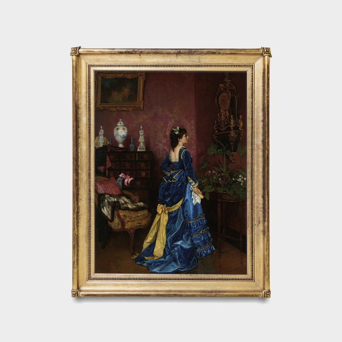 Woman in Blue Satin Gown in a Victorian Parlor Interior Poster - Image 5