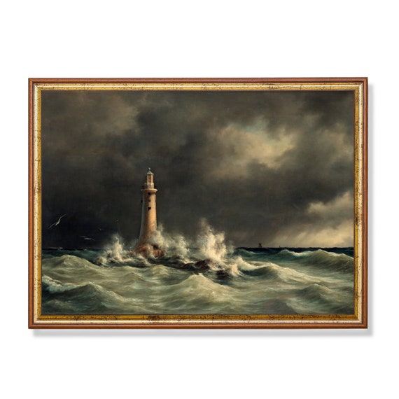 Printed And Shipped Vintage Seascape Painting Antique Lighthouse Print Moody Rustic Art Ocean Beach Oil Painting Physical Prints