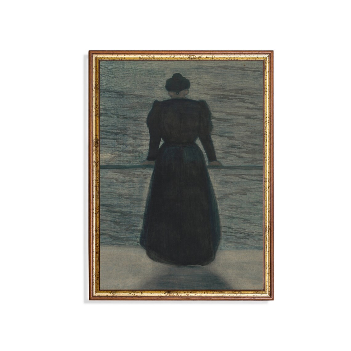 Woman In Black Gazing At The Sea At Dusk Moody Vintage Poster
